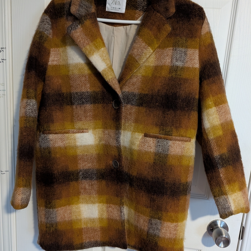 Zara Women's Plaid Wool-Blend Coat - Brown and Yellow